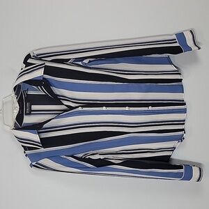 New York & Co city stretch blue black white crepe stripe office blouse Medium